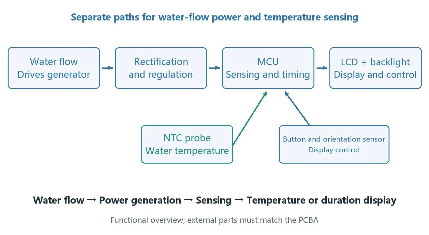 Water-flow power and NTC sensing — English diagram